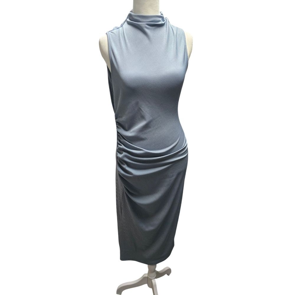 Solid High Neck Ruched Sleeveless Midi Dress